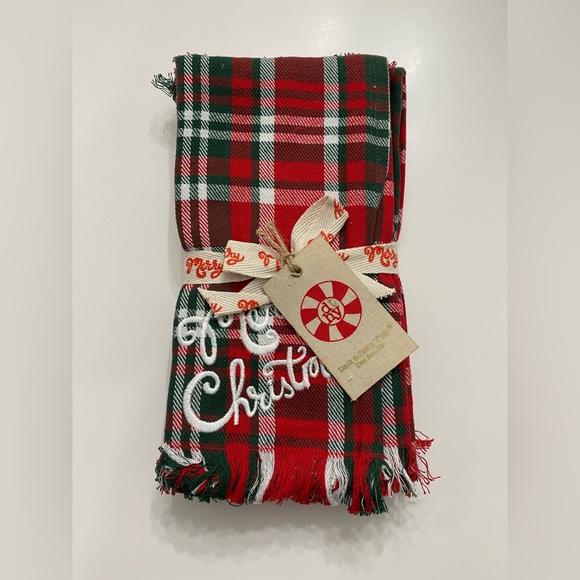 Merry Christmas Embroidered Tartan Plaid Cloth Fringe Holiday Napkins Set of 4 - Picture 5 of 5